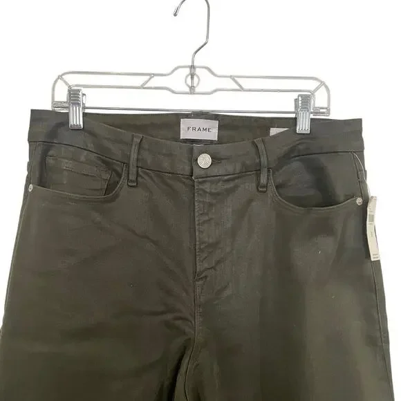 NWT Anthropologie Frame Le Crop Mini Boot Olive Green Coated Denim Jeans Size 33 - Picture 6 of 7